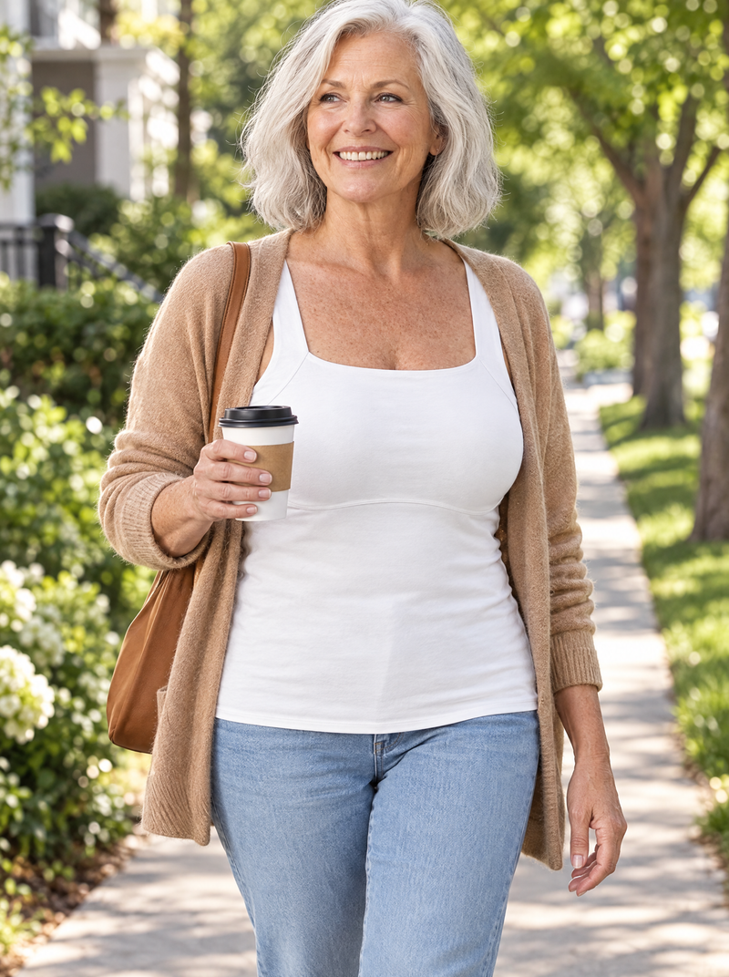 White tank under a cardigan outdoors