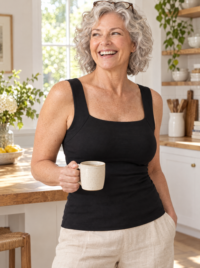 Black tank at home with morning coffee