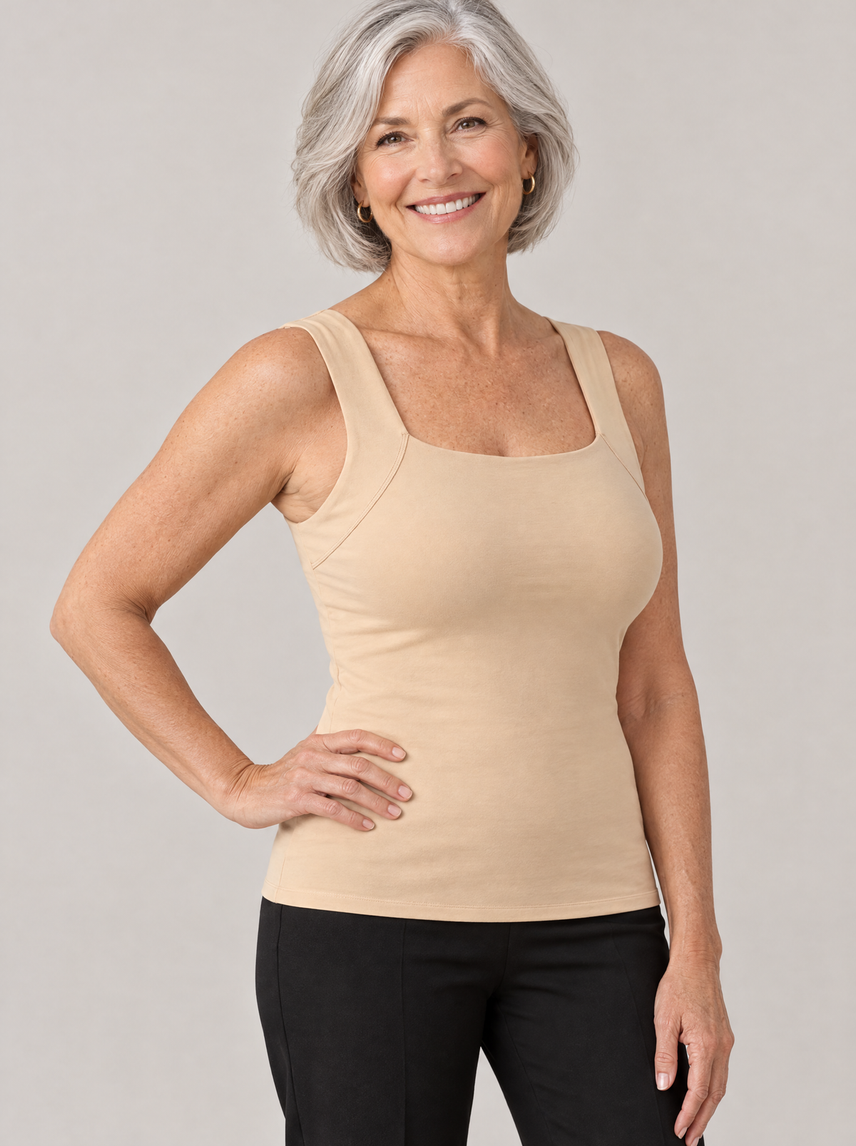 Woman in her 60s wearing the nude built-in bra tank